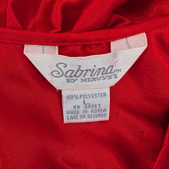 VTG 80s Red Satin Nightgown Womens L Black Lace Trim Long Sleeve Sabrina Mervyns - Picture 6 of 6